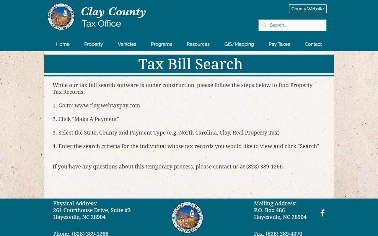 Clay County tax bill search page for property tax records