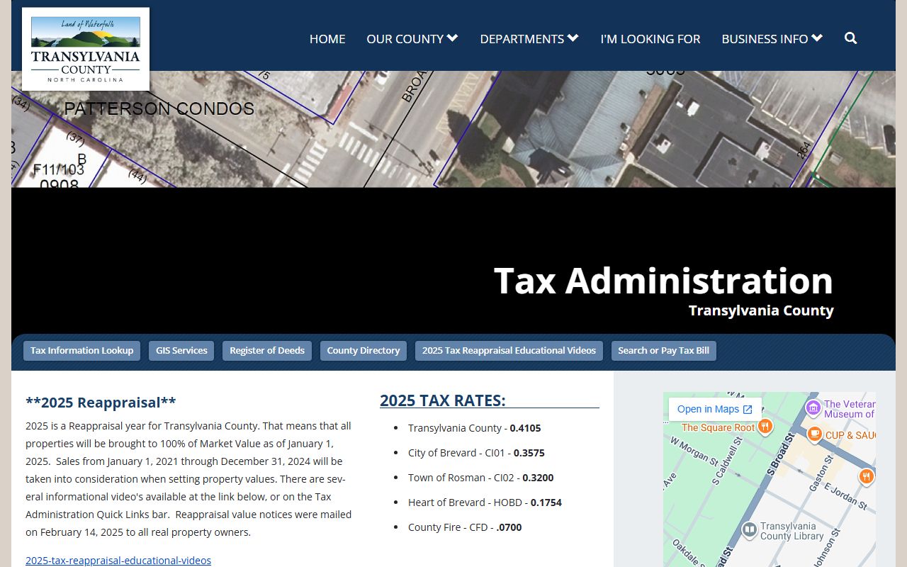 Transylvania County Tax Administration website for property tax records
