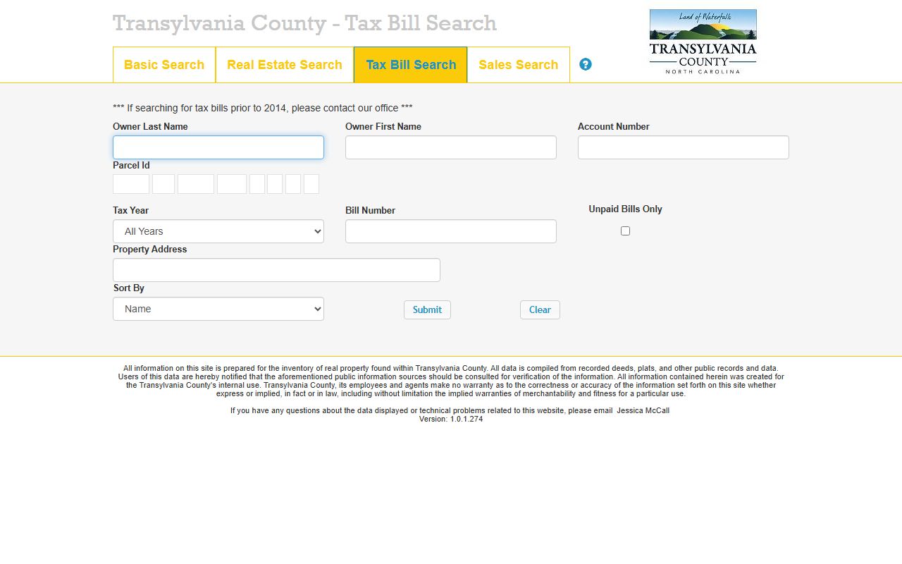 Transylvania County tax bill search for property tax records